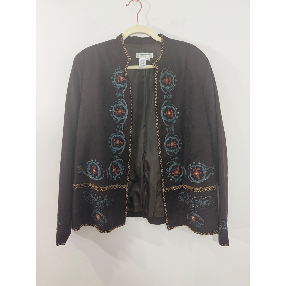 Coldwater Creek Womens XL Brown Damask Embroidered Open Front Jacket Floral Boho